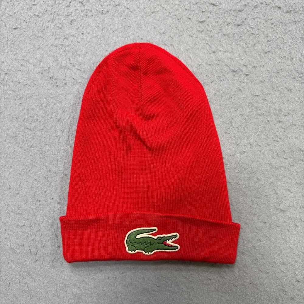 Lacoste Beanie Hat Unisex One Size Red Wool Blend Embroidered Logo Cuffed Cap